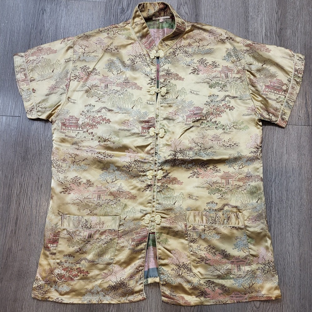 Vintage Asian Traditional Gold Chinese Silk Top Size- Large Made‎ in Hongkong